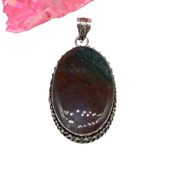 Bloodstone Necklace Pendant 925 Sterling Silver Overlay Oval - Picture 2 of 3